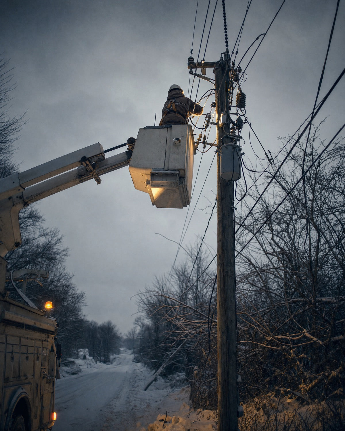 Lineman in a raised bucket working on a utility pole at dusk after a snowstorm