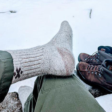Grey Purists yak cashmere socks worn in the mountains