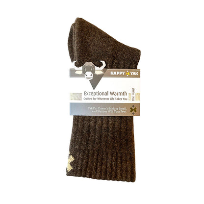 Brown Purists yak cashmere hiking socks on white background