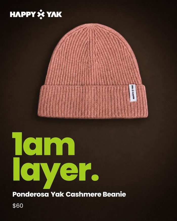 Happy Yak social ad: dark background, lime green headline 1am layer, pink cashmere beanie flat lay, priced at $60