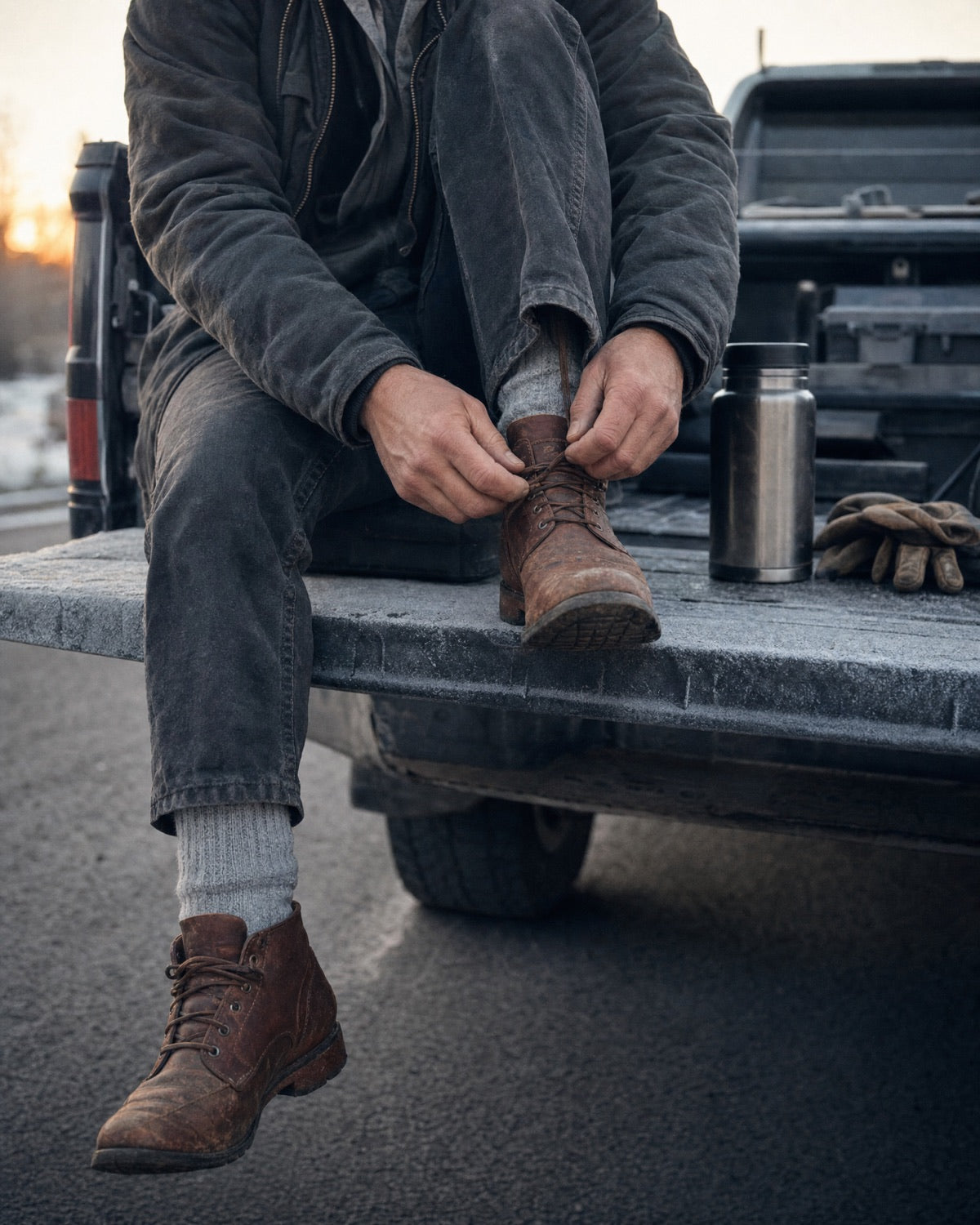 Tradesperson lacing a leather work boot on a frosted truck tailgate, grey crew socks showing